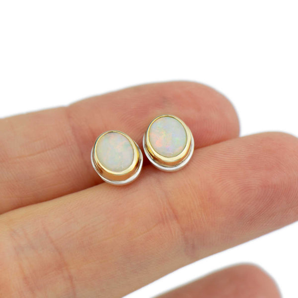 Oval Opal Stud Earrings | 14K Gold & Sterling Silver | One of a kind