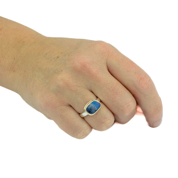 Blue Rectangle Boulder Opal 14K Gold Sterling Silver Ring Size6.5
