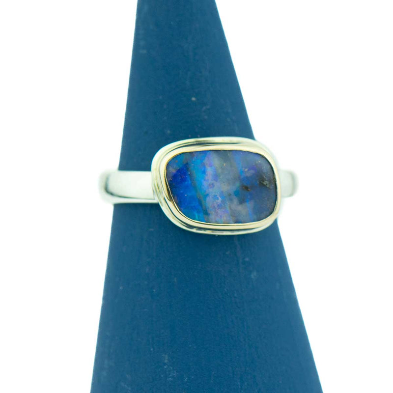 Blue Rectangle Boulder Opal 14K Gold Sterling Silver Ring Size6.5
