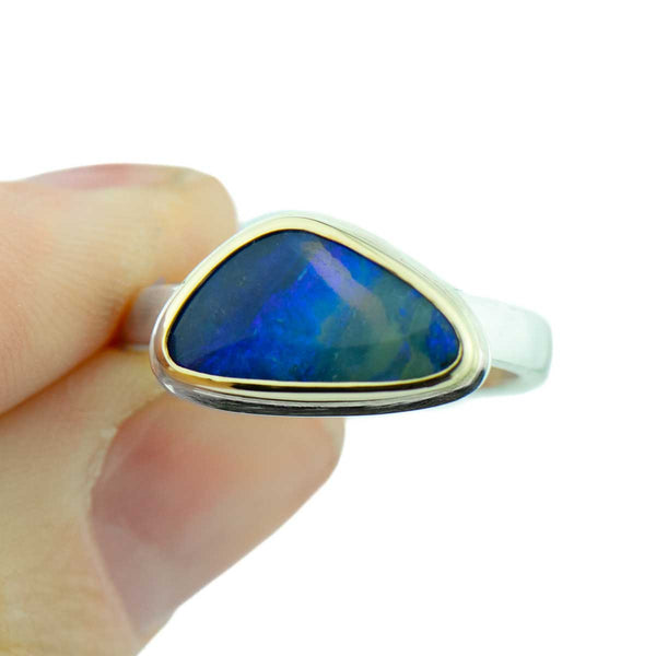Blue Triangle Boudler Opal 14kgold sterling silver ring size7.5