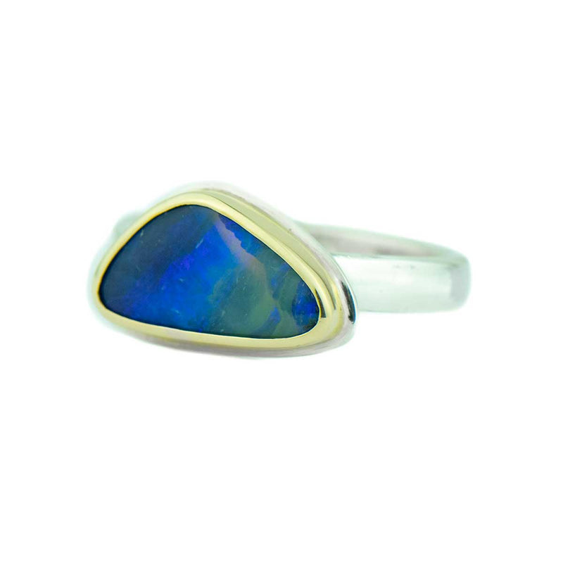 Blue Triangle Boudler Opal 14kgold sterling silver ring size7.5
